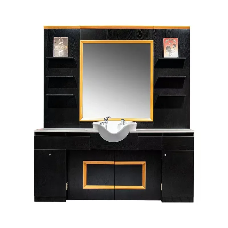 High-end hair salon mirror cabinet integrated men's barber shop special retro shampoo mirror