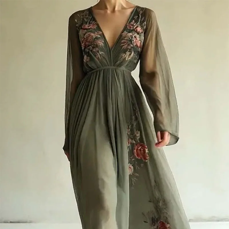 Seksowna sukienka maxi w stylu boho dla kobiet, długa sukienka letnia, wiosenna, z długim rękawem, plażowa sukienka letnia, kwiecista, z dekoltem w serek, sukienki maxi na imprezę, Vestidos