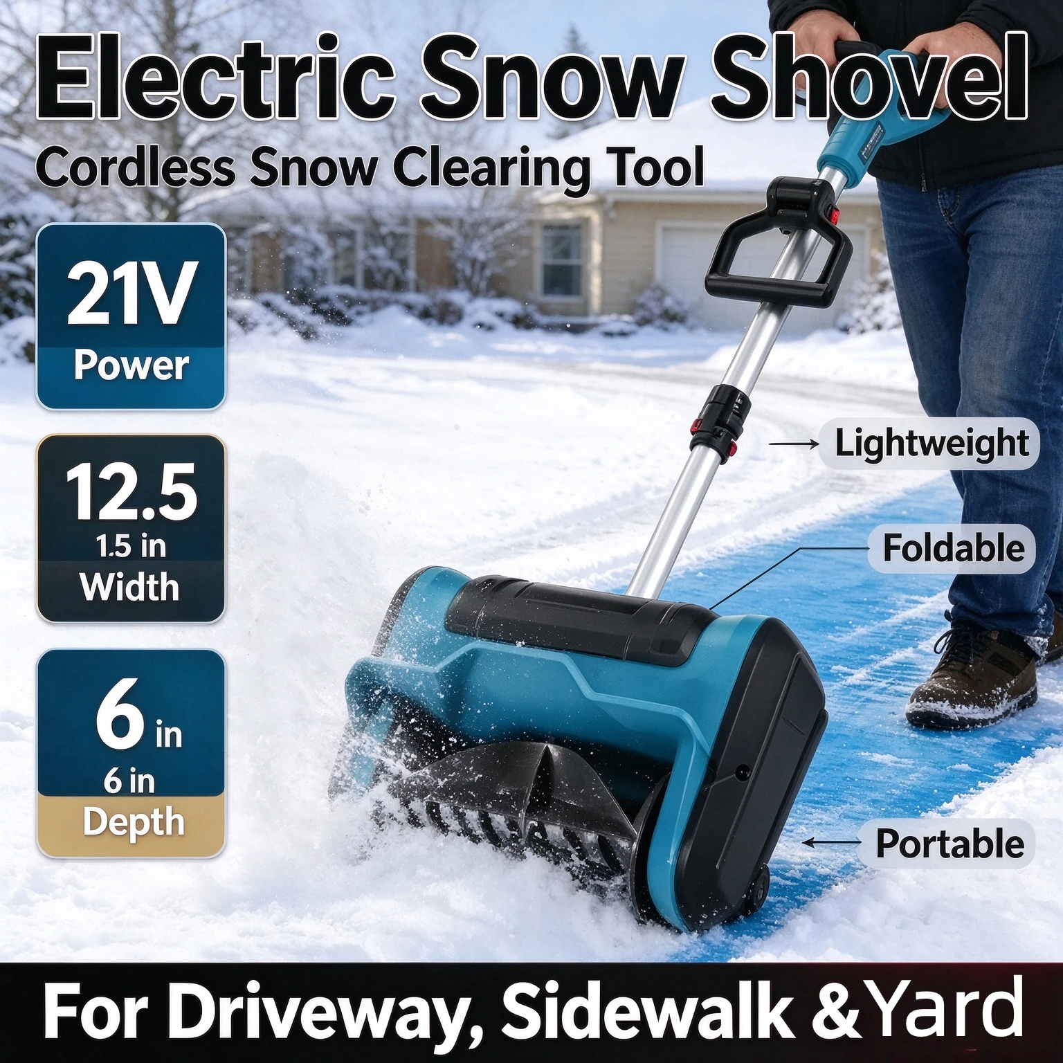 21V Cordless Electric Snow Blower Foldable Snow Shovel Portable Snow Remover Snow Clearing Tool for Driveway Sidewalk Yard