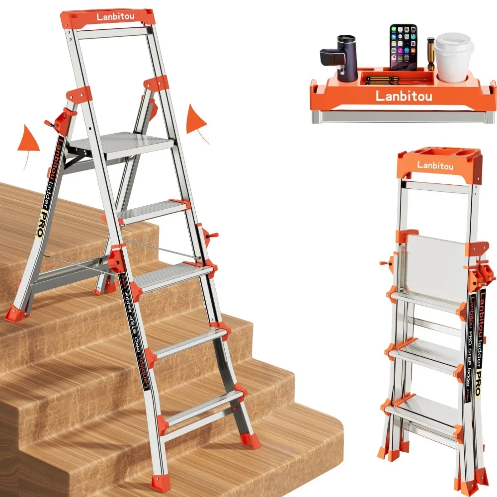 

2024 New Ladder, Aluminum 5 Step Ladder with Handrails, Anti-Slip Wide Pedal, Tool Platform, Folding Step Stool Step Ladder