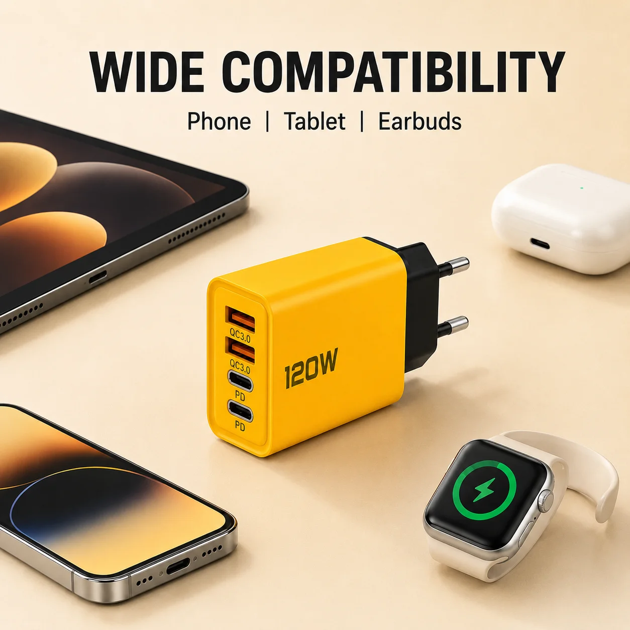 شاحن حائط سريع بقوة إجمالية 120 واط، مزود بأربعة منافذ من نوع USB-C، يدعم الشحن السريع لأجهزة iPhone وSamsung وXiaomi والهواتف المحمولة الأخرى.
