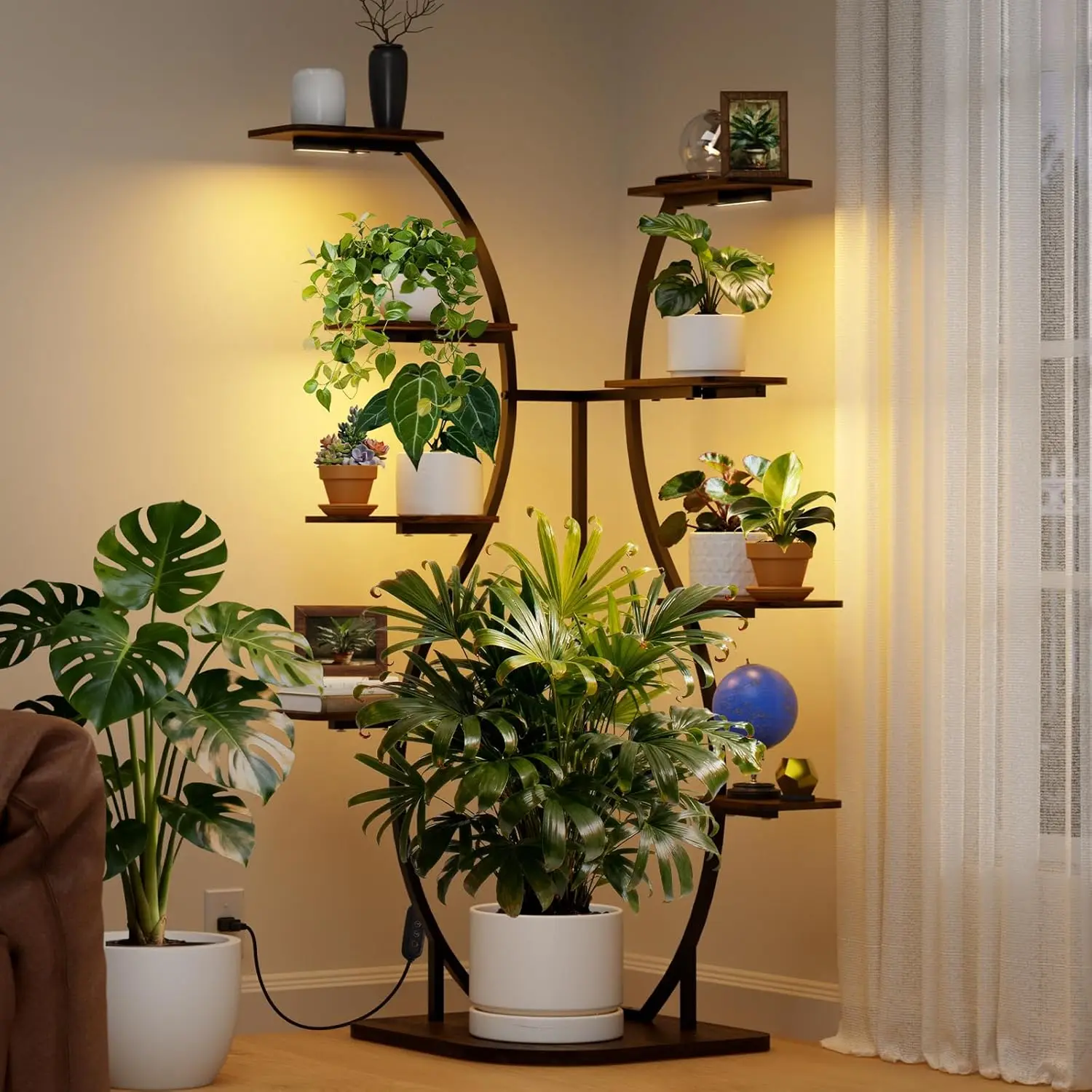 

62.2" Tall 9-Tier Corner Plant Stand with Grow Light, Full Spectrum T5, S-Shape Shelf for Living Room, Home Decor