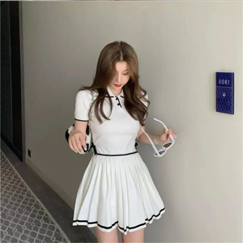 Preppy Style Fashion 2 Pieces Casual Sets Summer New 2024 Color Contrast Short T Shirt Top+Pleated Mini Skirt 2pc Knit Suits