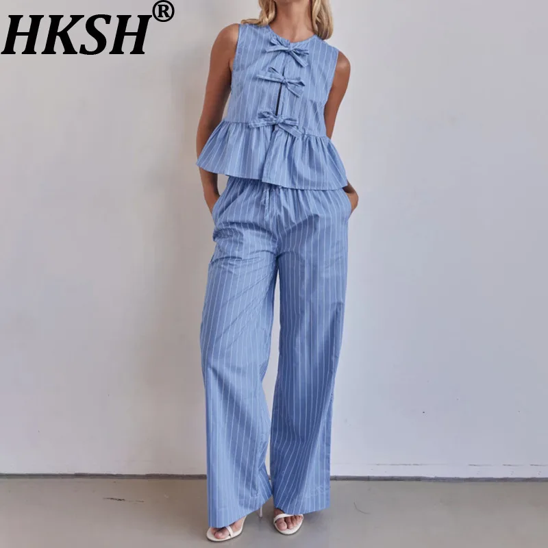 

HKSH Women Casual Two-piece Set O-neck Sleeveless Bow Lace-up Ruched Striped Vest Tank Top Elegant Elastic Waisted Pants HK22064