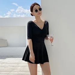 2024 One Piece Swimsuit Korea Style Black Dress Beachwear Cute Short Sleeve Slimfit Monokini Beach Bathing Suit Women Swimwear