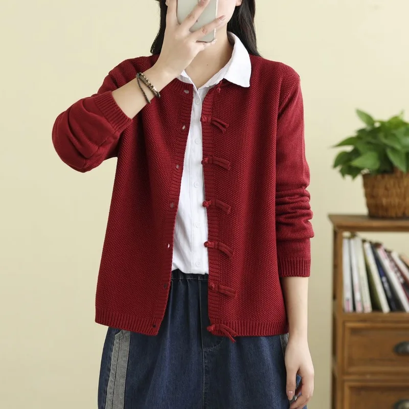 

New Versatile New Chinese Style Button Sweater Jacket Loose and Fashionable Round Neck Knitted Cardigan Top