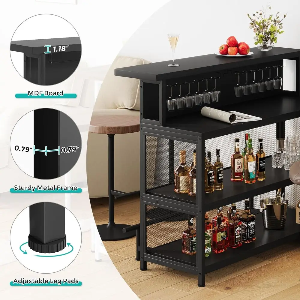 Black L-Shaped Home Bar with Wine Glass Holder, LED Light, Storage Shelves, and Footrest for Kitchen & Dining, Pub Use
