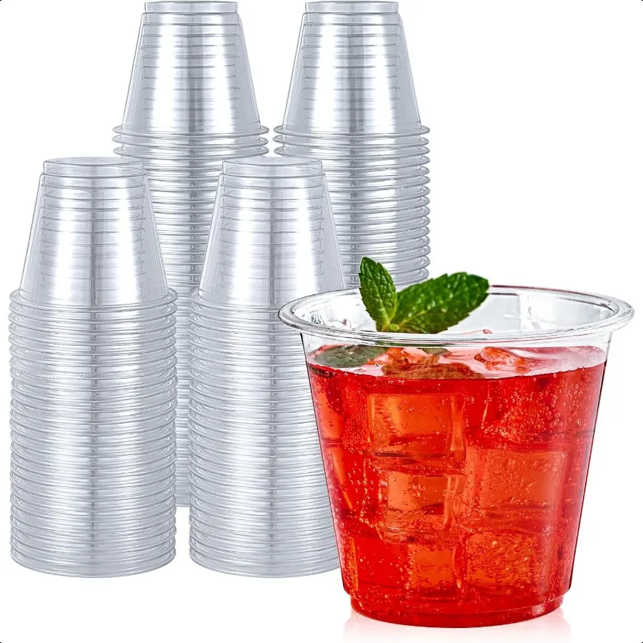 

100 Pack 9oz Clear Plastic Cups Crystal Drinking Cups PET Plastic Party Cups for Wine Juice Iced Coffee and Cold Drinks