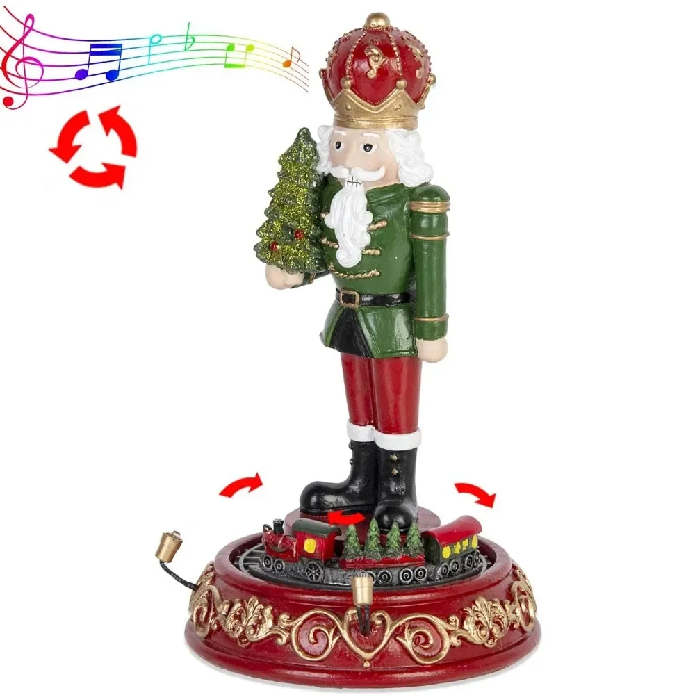 Christmas Village Accessories Decoration Nutcracker Figure and Rolling Train Collectible Figurine with Music LED Light Ornaments