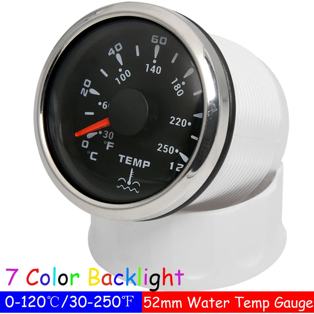 7 Color LED 52mm Water Temperature Gauge with Sensor 1/8NPT for Auto Car Marine Boat 12V/24V Water Temp Meter Indicator Custom