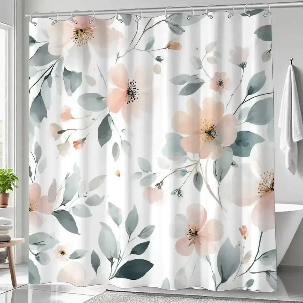 

Pinkish-gray floral watercolor shower curtain, polyester fabric, machine washable, with hooks, suitable for bathroom décor.