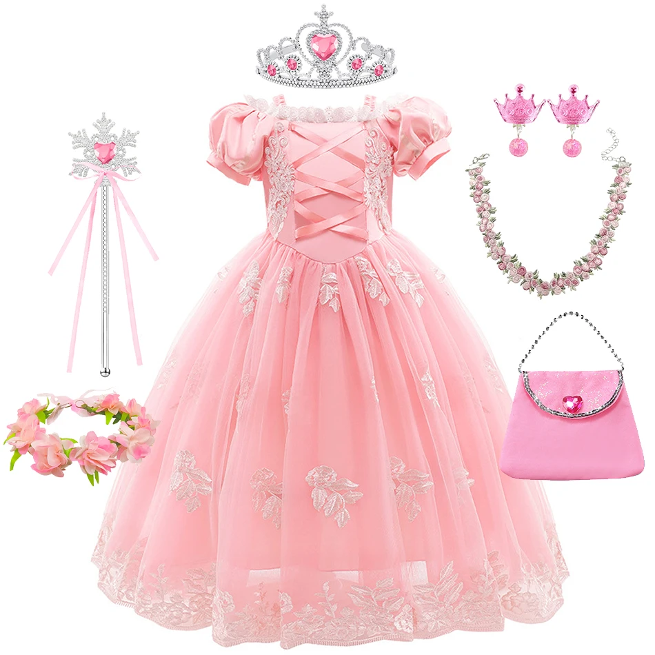 Girls Rapunzel Pink Princess Dress Kids Cosplay Costume Children Birthday Carnival Halloween Party Floral Print Disguise Gown image 4