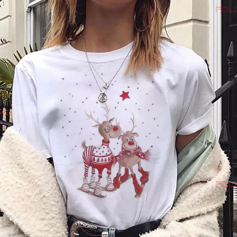 Cute Reindeer Merry Christmas Graphic T-Shirt Women's Christmas Costumes Girl Harajuku Short Sleeve Tee Female Clothes Tshirt