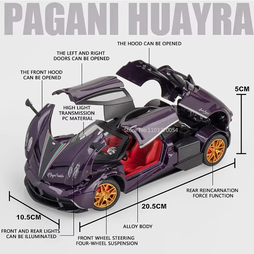 1:24 PAGANI ZONTA HP Huayra Giocattolo per auto in miniatura in lega Modello pressofuso con luce sonora Tirare indietro la ruota anteriore Sterzo Ragazzo Regalo per adulti