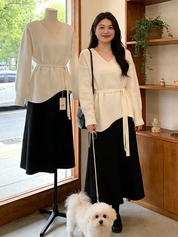 

Lagenlook Style V-Neck Knitted Sweater Dress Set with Belt Spring New Arrival Casual Commute Style High Waist Midi Skirt