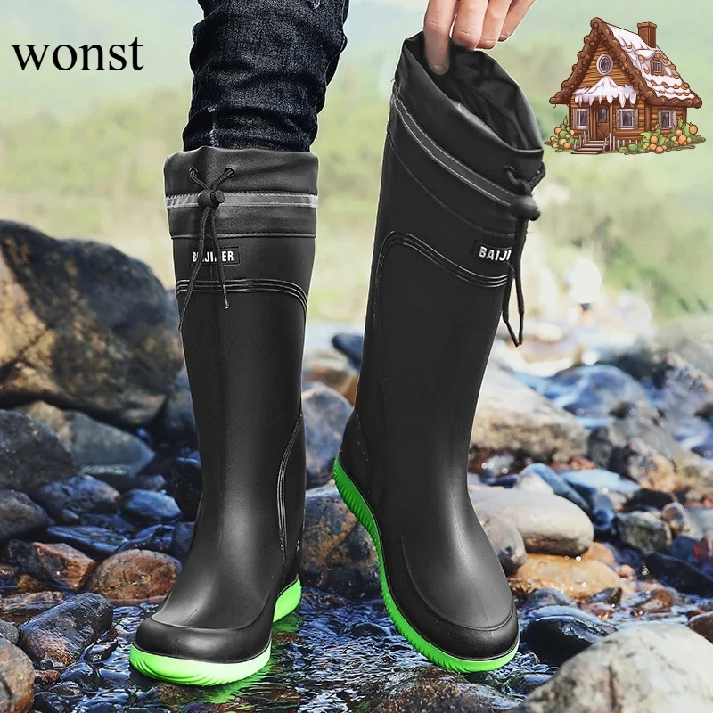 

winter Thickened Anti-slip Men's Rain Boots High Waterproof Reflective Work Fishing Shoes Warm Water Shoes Rubber Shoes for Men