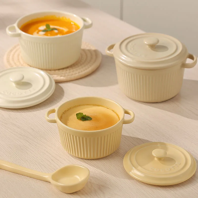 وعاء بيض مزدوج الأذن مع غطاء ، وعاء الحساء السيراميك ، بيضة على البخار الطفل ، كوب الحلوى ، الحلوى ، خاصة ، المنزلية ، ماكرون