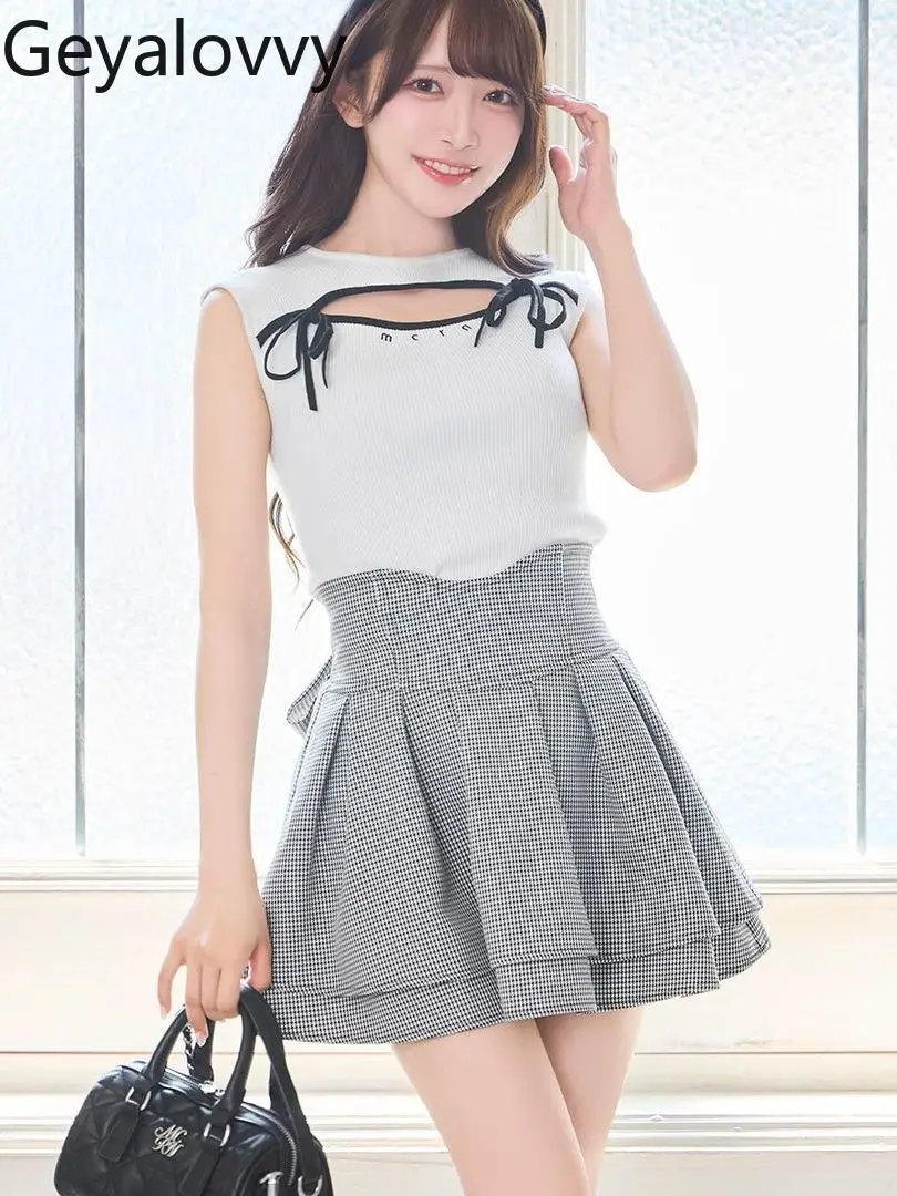 Gonna corta a vita alta con papillon serie pied de poule Stile giapponese Estate Nuove ragazze dolci e carine Minigonne versatili a trapezio