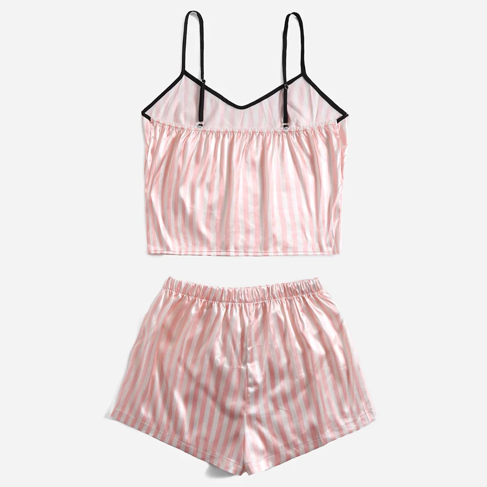 Conjunto de pijama Sexy con estampado de dibujos animados para mujer, ropa de dormir de satén sin mangas con tirantes, traje de casa para verano