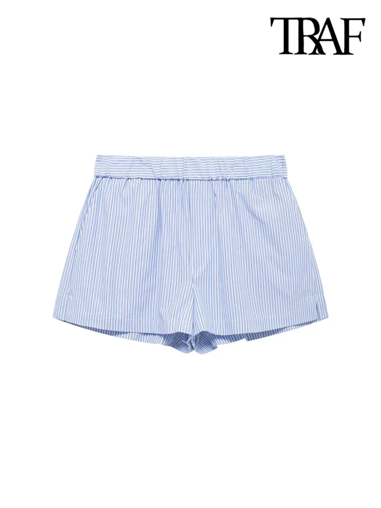 TRAF-Striped Patchwork Shorts for Women, Side Pockets, Vintage, Mid Elastic Waist, Split Hems, Female Short Pants, Chic Fashion