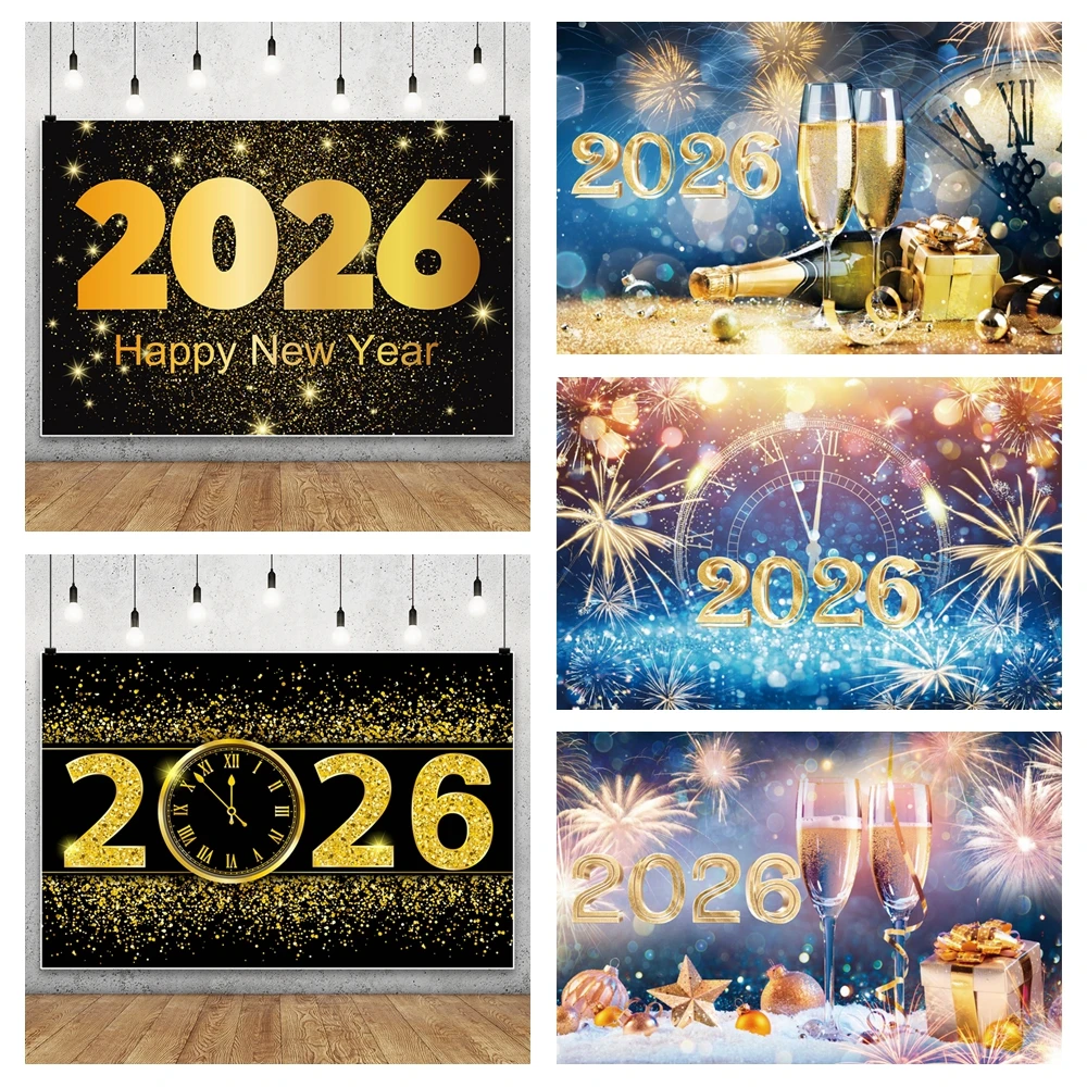 Latar Belakang Fotografi Selamat Tahun Baru 2026 Jam Kustom Kembang Api Gelas Sampanye Anak-anak Potret Keluarga Latar Belakang Foto Properti Studio