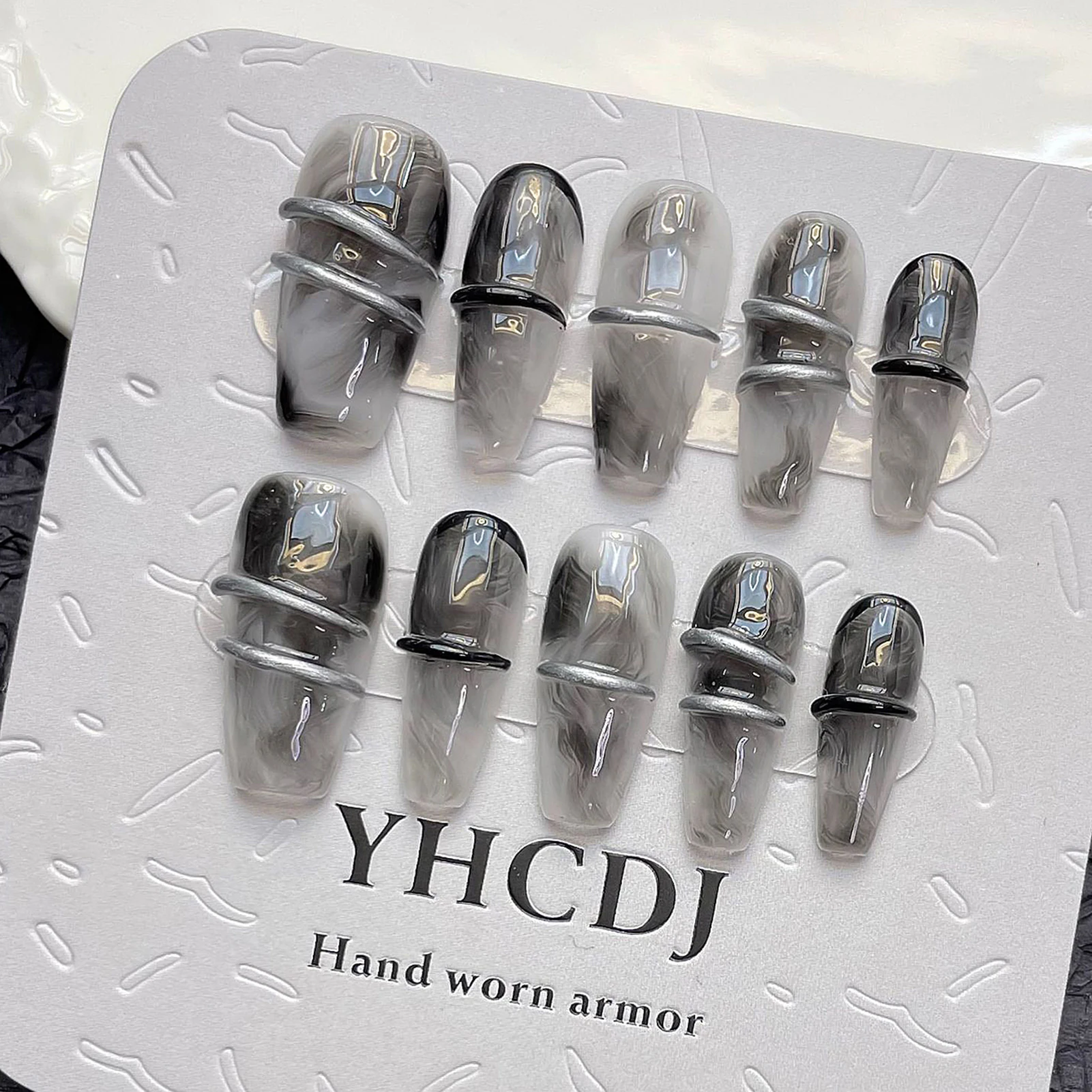 Ręcznie robione sztuczne paznokcie Y2k Press On Acrylic Nails Cool Style Ballet Nails With Ink Blooming Design Dark Gothic Fałszywe paznokcie Długa końcówka