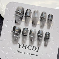 Handmade Y2k Fake Nails Press On Acyrlic Nails Cool Style Ballet Nails With Ink Blooming Design Dark Gothic False Nails Long Tip