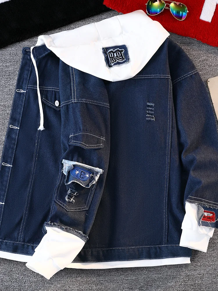 Fall Men's Denim Jacket Baseball Style Casual American Loose Fit Hooded Coat Long Sleeve Youth Outerwear Single Button Closure