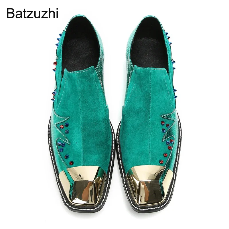 Batzuzhi Blue Personlaity Herrenschuhe Slip-on-Kleiderschuhe aus echtem Leder für Herren, Eisenkappe, modische Party- und Hochzeitsschuhe für Herren