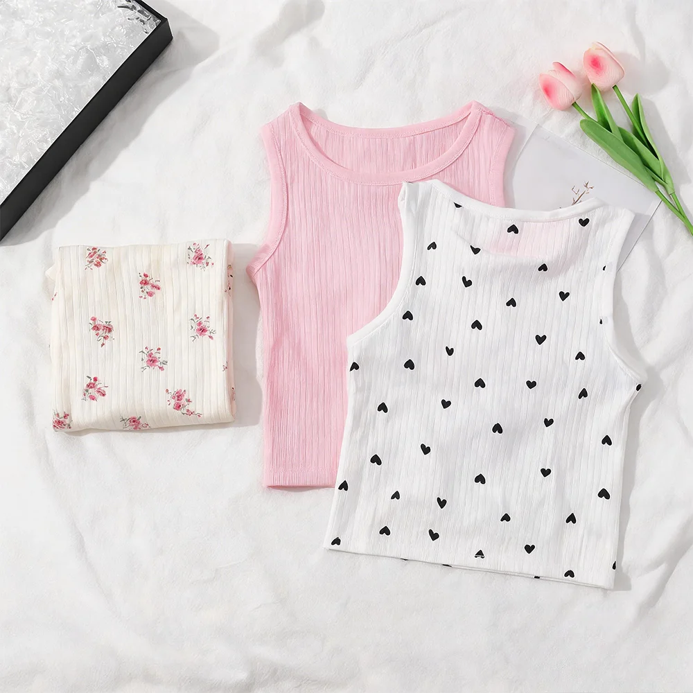 Korean Style Kids Sleeveless Tank Top For Girls Stretchy Knit Vest Sweet Print Undershirt Summer Children Casual Bottoming Tees