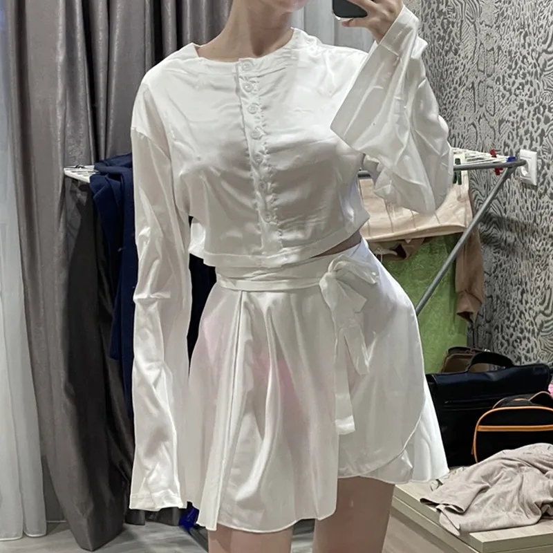 White Elegant Satin 2 Two Piece Set Women Lantern Long Sleeves Crop Tops Cardigan Sexy High Waist Mini Tennis Sports Skirts