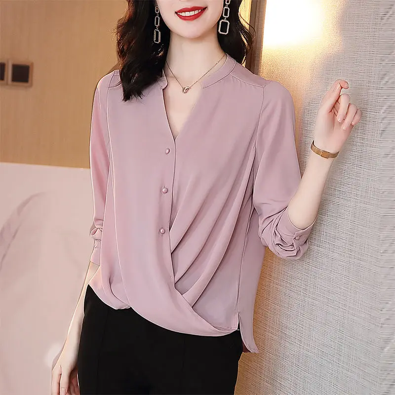 Vintage elegante camisa com decote em v elegante botão feminino cor sólida all-match primavera outono novo assimétrico solto manga comprida blusa