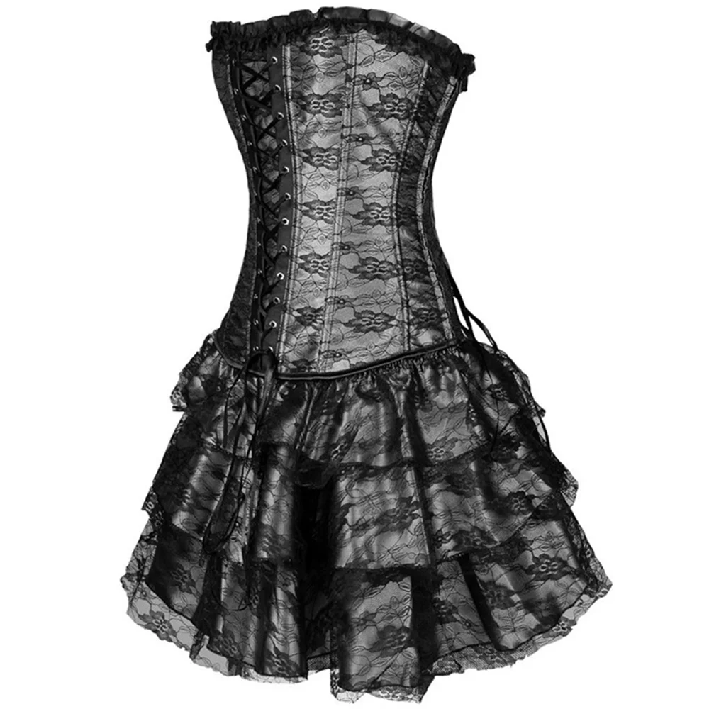 Women Sexy Lace Floral Corset Dress Vintage Victorian Burlesque Corset Top With Gothic Ruffle Asymmetry Skirt Set