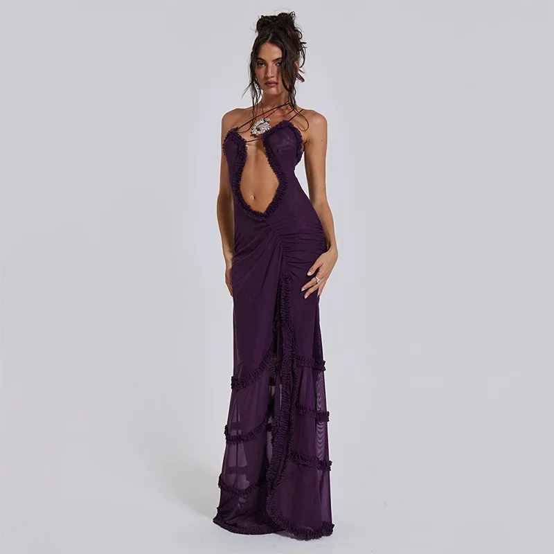 Women\'s sexy sling agaric edge dress sexual party long dress chic hollow deep V-collar pleated mesh transparent high-split robe