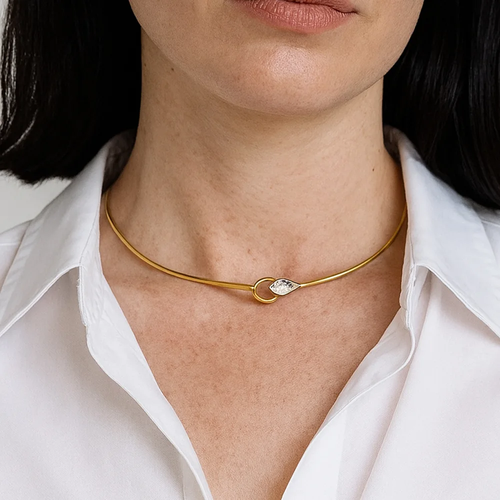 Fashion Zircon Pendant Choker Neck Cuff for Women, Open Collar Choker Torques Necklace Adjustable，Stainless Steel Jewelry