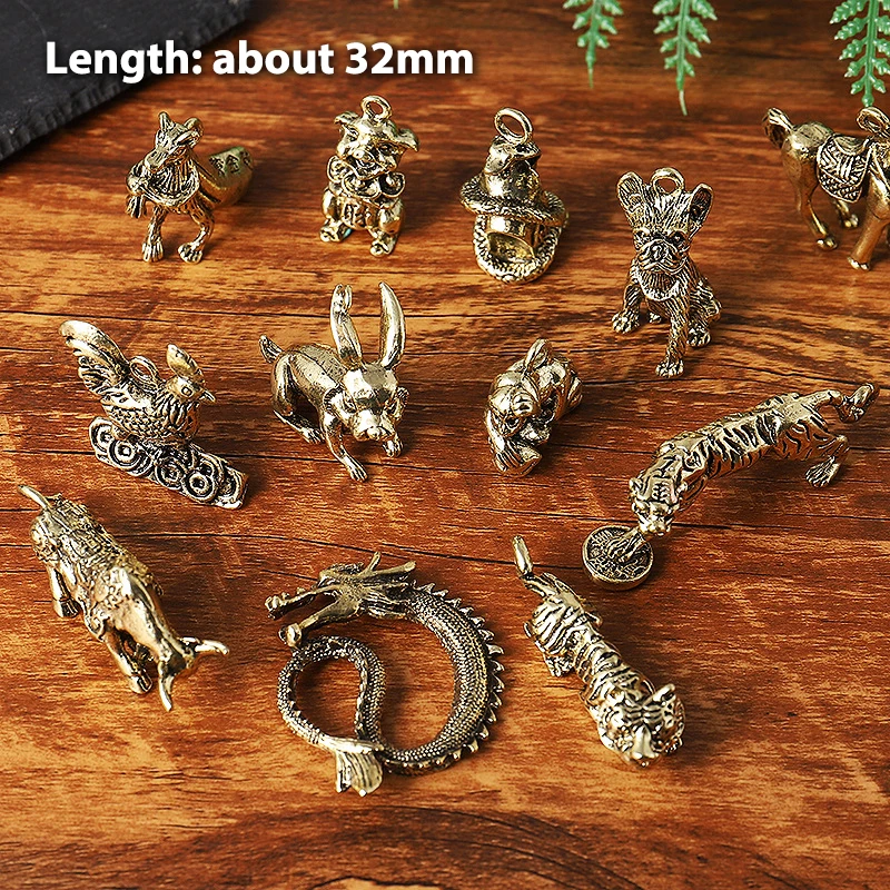 1PCS Copper Tiger Dragon Statue Figurine Wealth Brass Ornament Retro Chinese Zodiac Qilin Dragon Pendant Luck Animal Fengshui