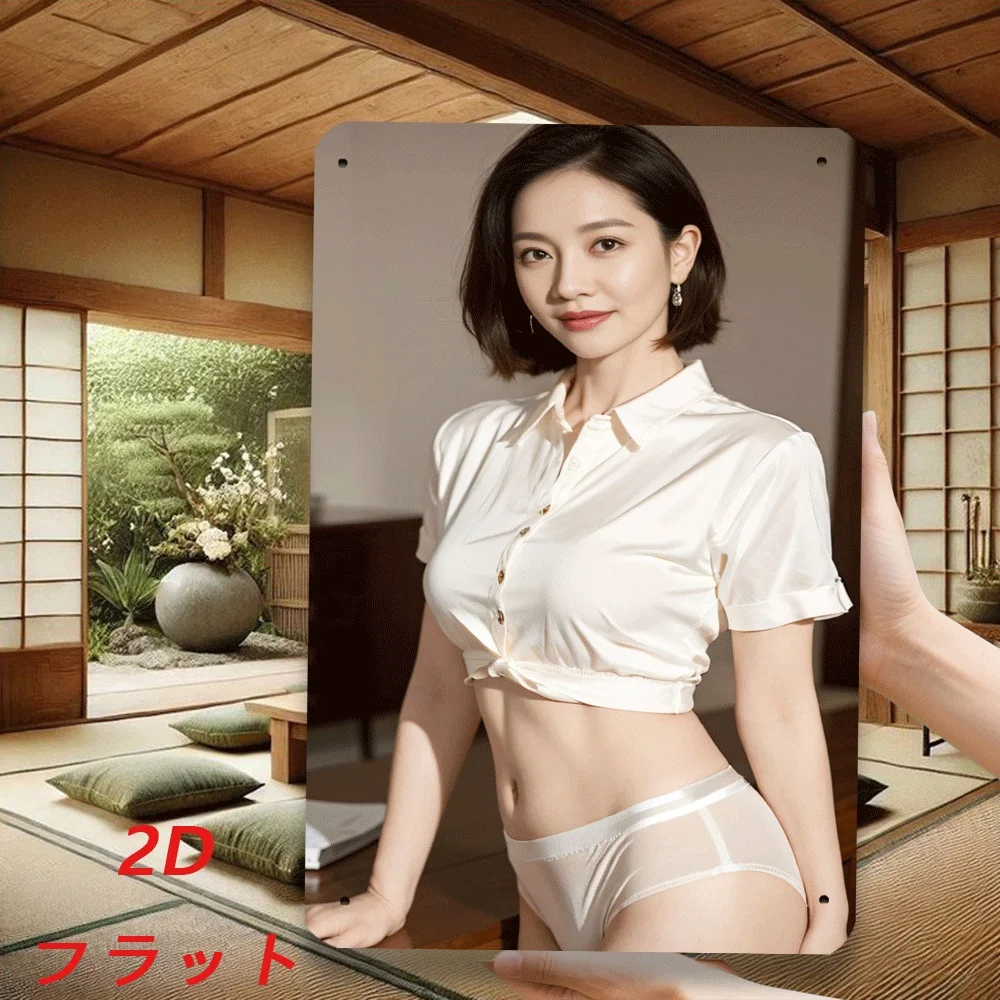 （2D Tin painting）HD Metal Tin Sign Elegant Asian Woman in White Satin Crop Top & Briefs Retro Wall Decor for Man Cave & Japan