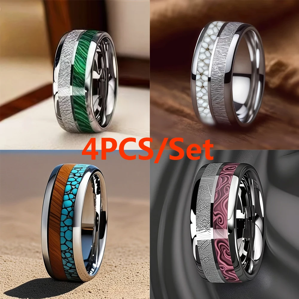 SUNFLOWERZHU Man Ring Men Stainless Steel Ring Set Silver Stainless Steel Wedding Band Promise Ring Meteorite Inlay Jewelry Man