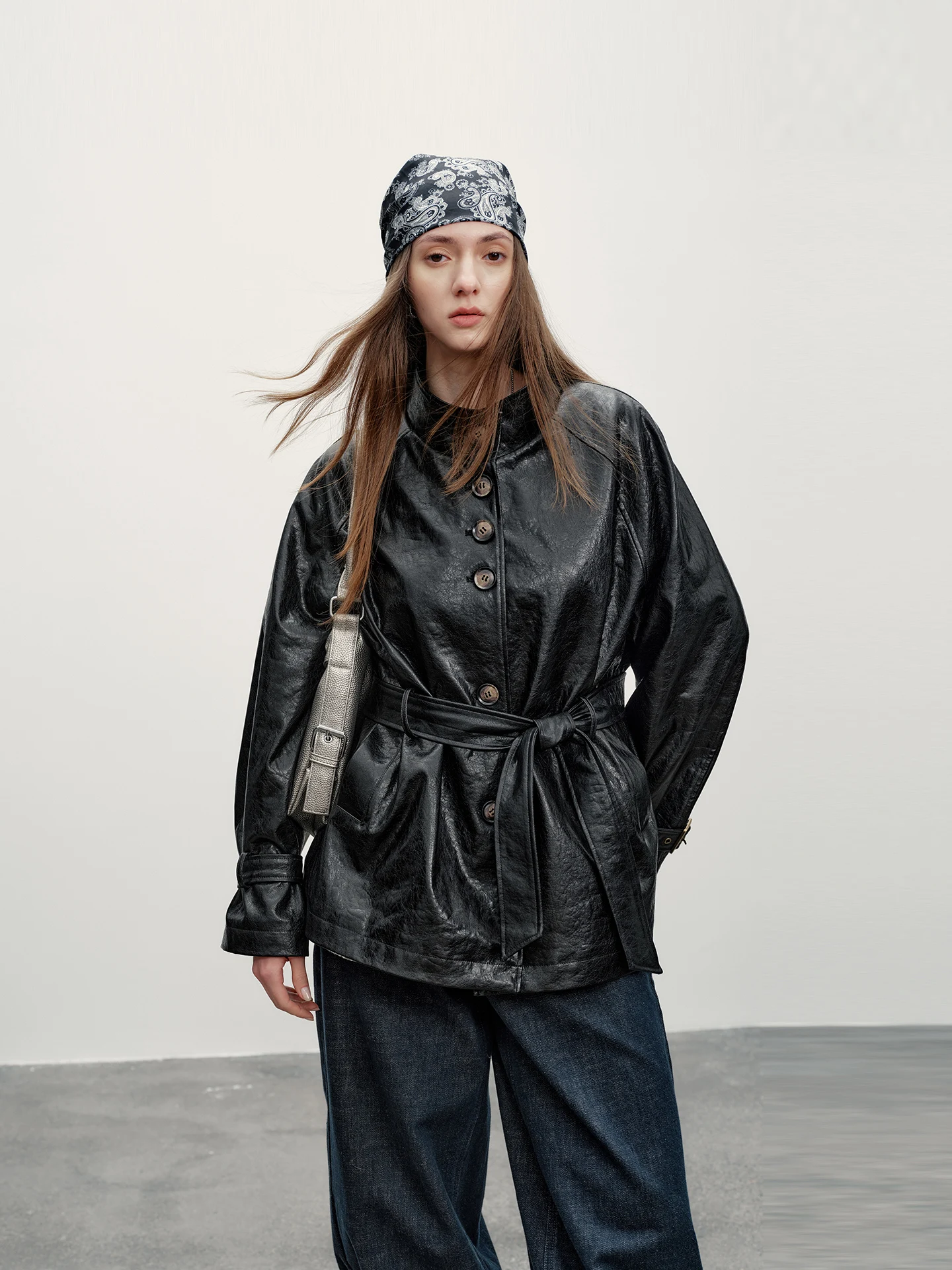 Women's Stand Collar PU Leather Jaet Heavy Work Suede Tannery Vintage Sle Long Sve mid Length Coat Caramel Rum