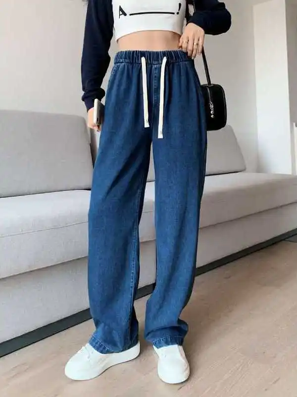 

Новые женские мягкие джинсы Laisaier из весенней коллекции: прямые, с высокой талией, из ткани PU, Cleanfit, для среднего возраста, больших размеров, синие, деним