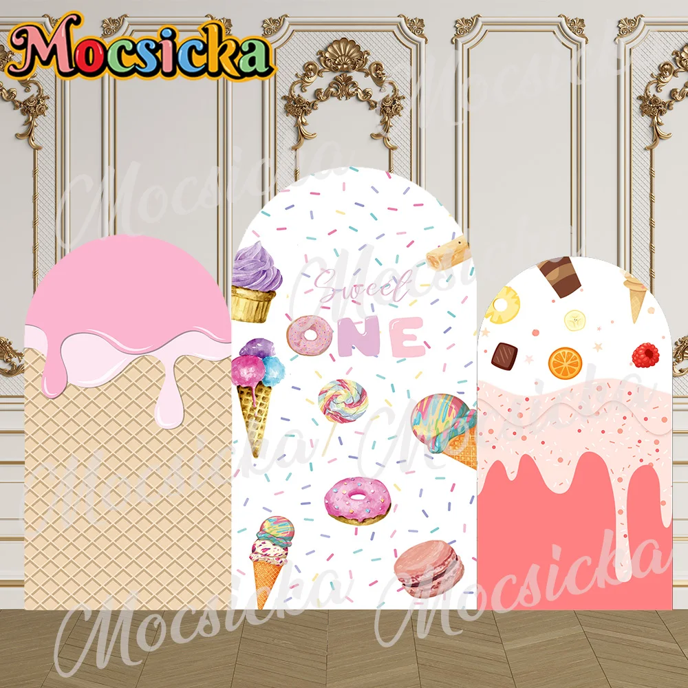 Mocsicka cubierta de arco de 2 caras pastel de crema helado dulce un telón de fondo arco de ducha de bebé pared niños fiesta de cumpleaños estudio de graduación