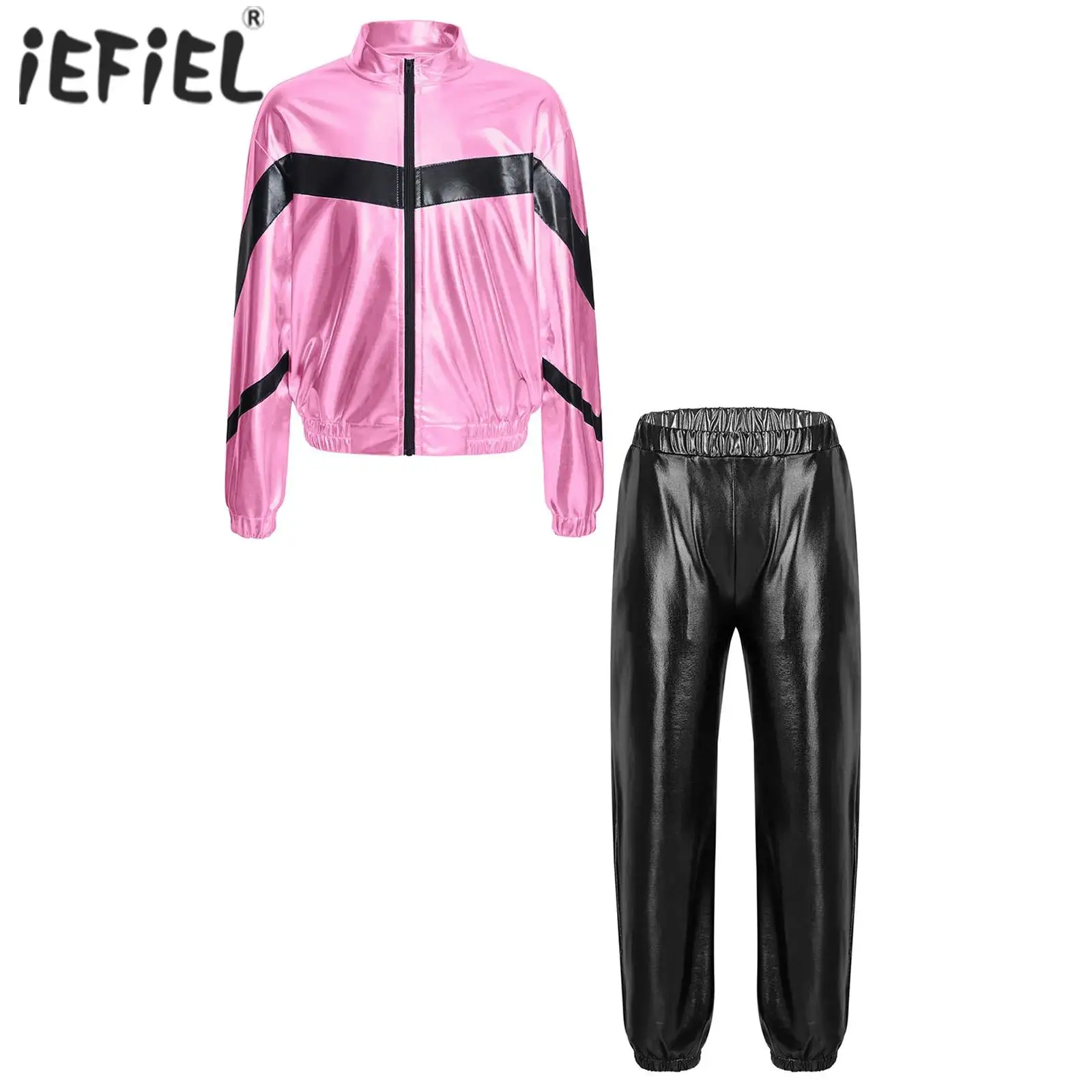 Unisex Kids Girls 80s Tracksuit Retro Costume Metallic Jogger Tracksuit Jacket and Pants Disco Jazz Dance Outfits Streetwear