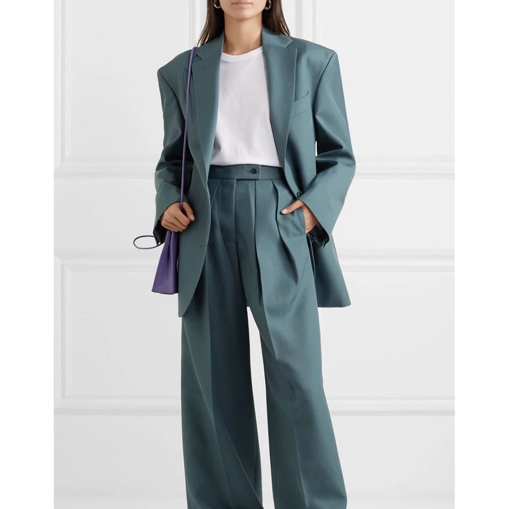 Grayish Pine Green Single-Breasted  Light Mature Style Women Suit 2 Piece Jacket Pant Set Notch Lapel Loose Office Casual Female