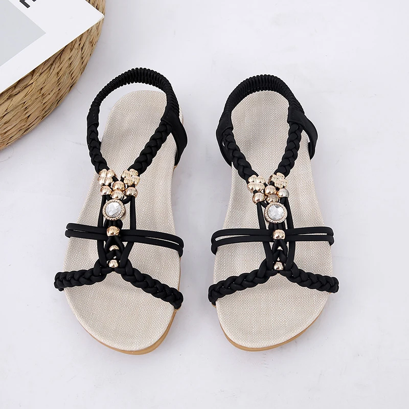 Summer New Flats Women\'s Rhinestone Knitting Round Toe Low Heel Beach Shoes Women\'s Sandals Pullovers