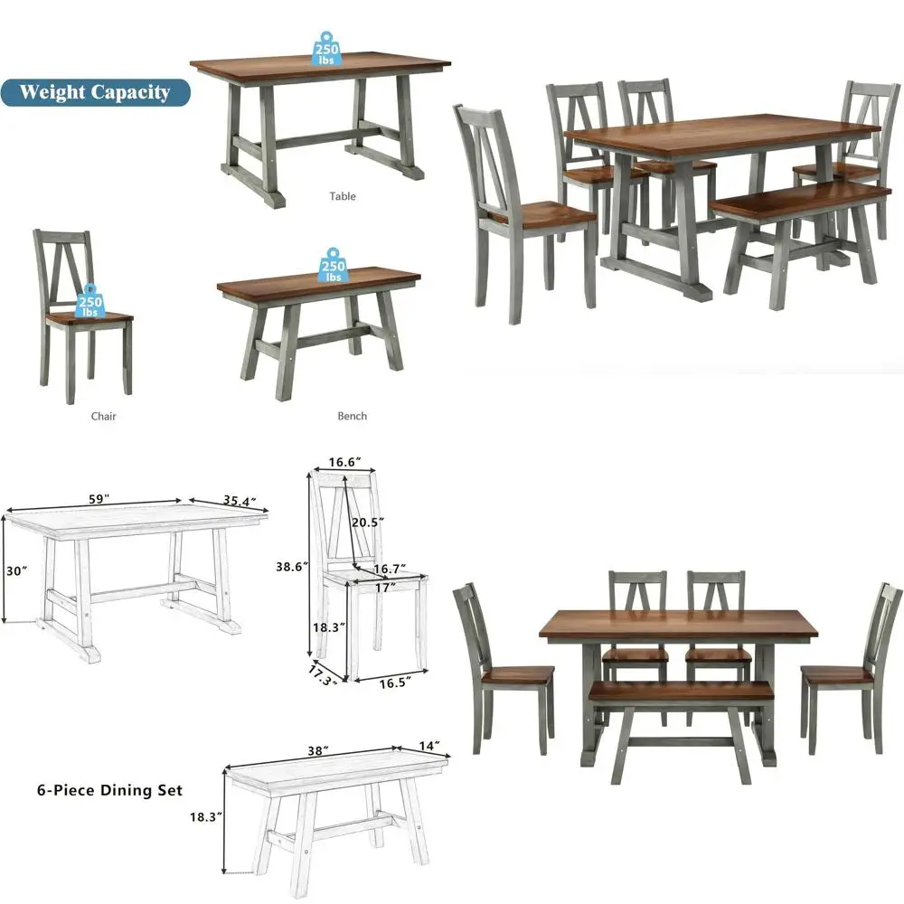 

6-Piece Dining Set, armhouse Style Wood Dining Table and 4 Dining Chairs & Long Bench, Kitchen Table Set, Walnut+Gray