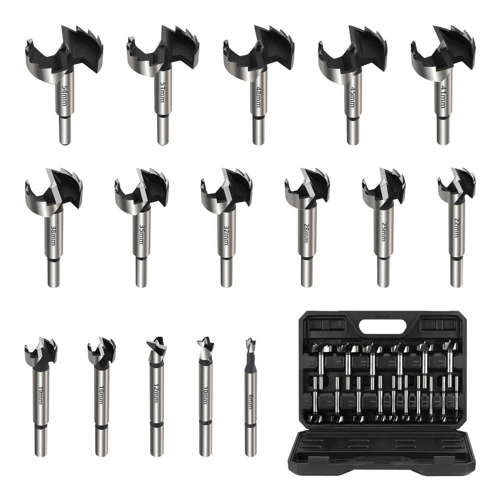 16PCS HCS Forstner Drill Bit Set 6-54mm Multi-Tooth Woodworking Tools with Round Shank Hole Saw Cutter Hinge Boring Drill Bits