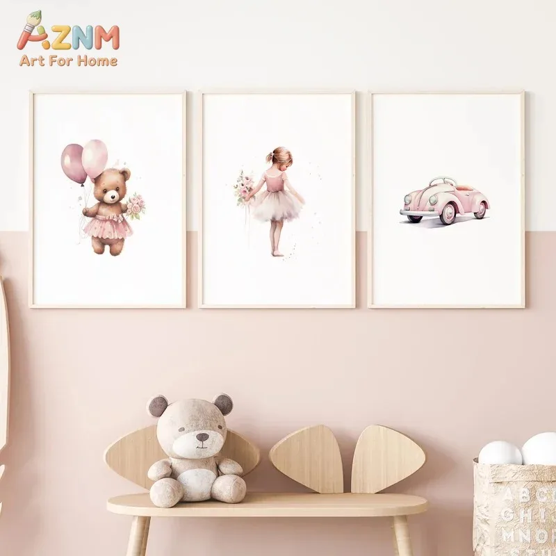 AZNM Watercolor Pink Ballerina Teddy Bear Vintage Car Canvas Poster, Frameless Sweet Wall Art For Little Girl Nursery Bedroom Ho
