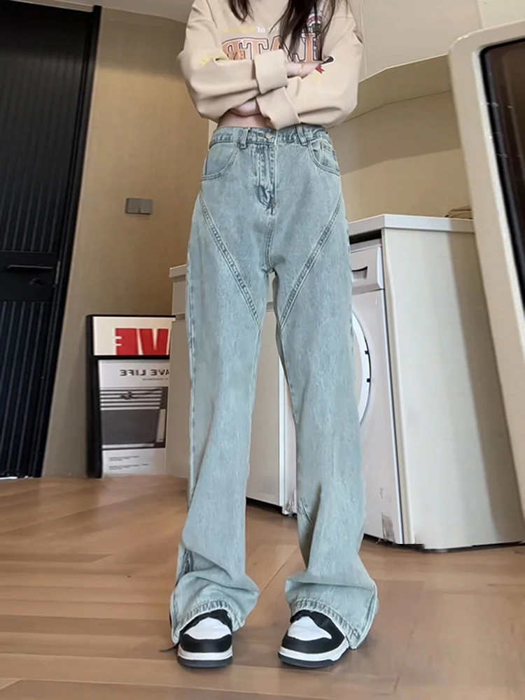 

American Sle Loose Wide Leg Men's Jeans Spring Autumn High Waist Straight Tube Pants Splicing Design Youth Faion Jeans