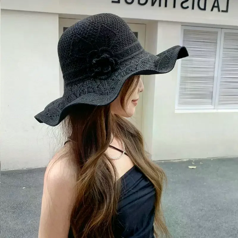 Flower Decorated Women Straw Hat Sun Protection Hollow Breathable Basin Cap for Beach Gathering Outdoor Picnic