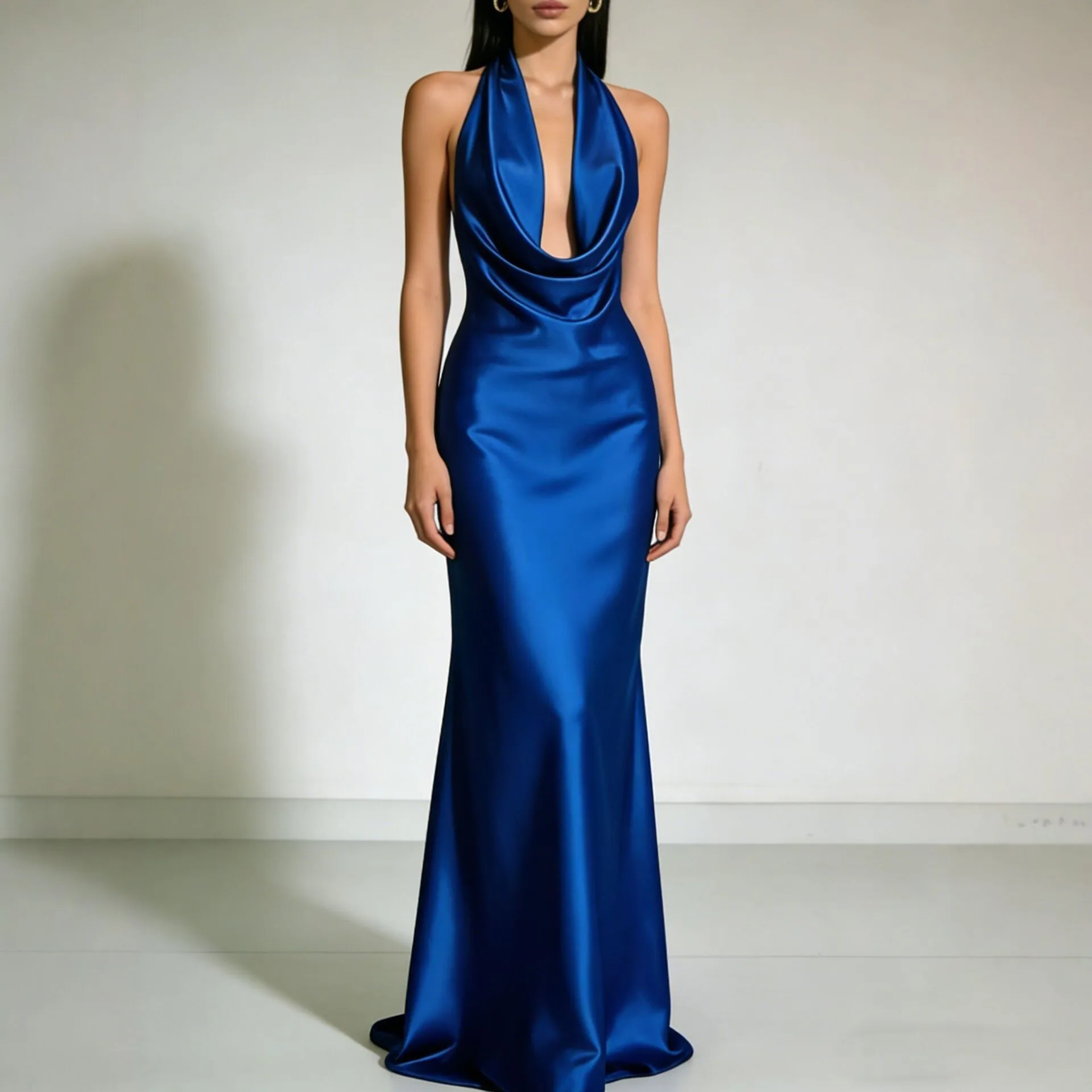 Elegant Party Dresses 2026 Wedding Guest Dresses Satin Backless Deep V Neck Halter Neck Floor Length Wrap Front Maxi Dress view 5
